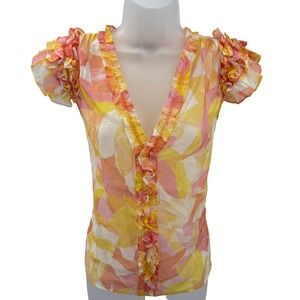 Generation Love Pink Yellow Abstract Tiered Ruffle V-Neck Blouse Top Women Small